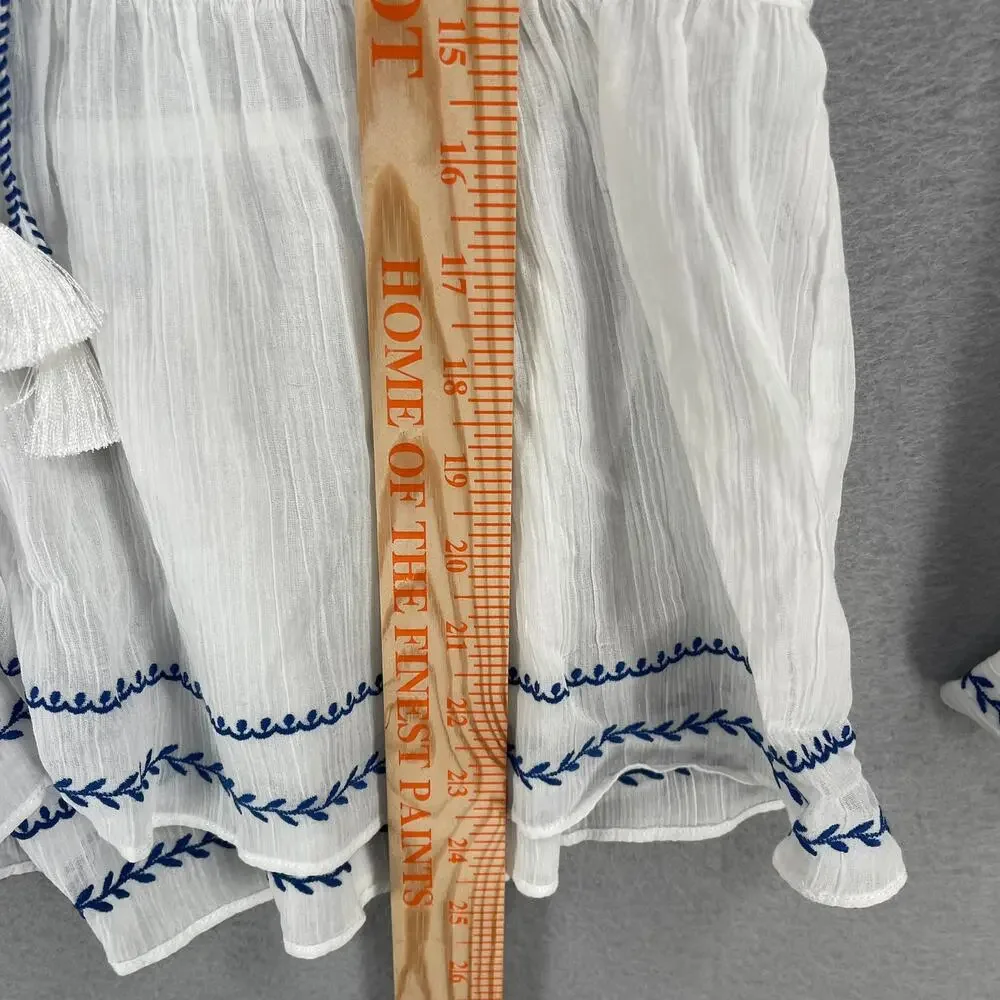 Derek Lam 10 Crosby Blouse Sz 4 White Blue Ailani Embroidered Sheer Coastal Chic - Picture 7 of 9